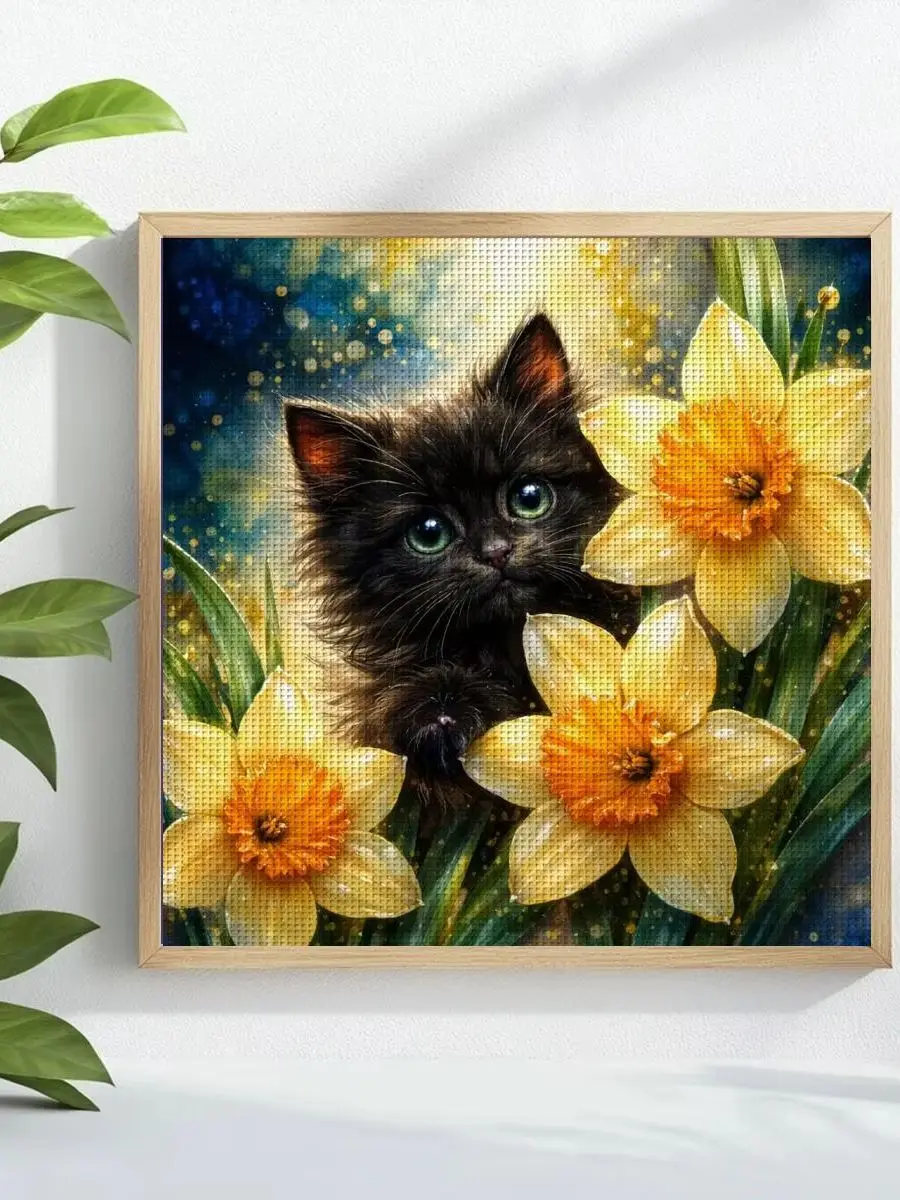1 Stück 30x30 cm/11,8 Zoll Blumen- und Katzen-Motiv Kreuzstich-Set DIY-Kit 11/14/16CT DIY-Stickset Kreuzstich-Set – Detail 1