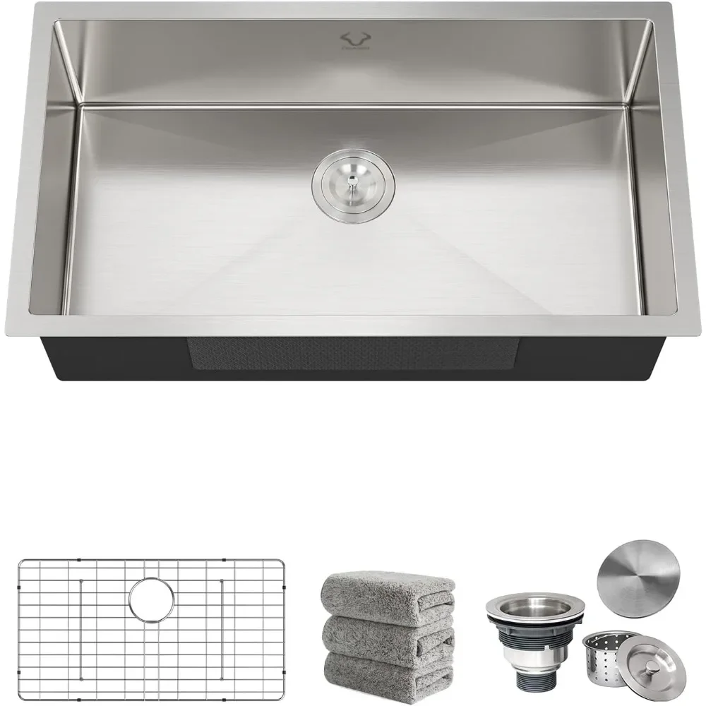 32x18inch Undermount steel 16 Gauge Single Bowl kitchen sinks Set 5 Item Bundle:Sink,Bottom Grid,Drain Assembly Towel，Drain Cap