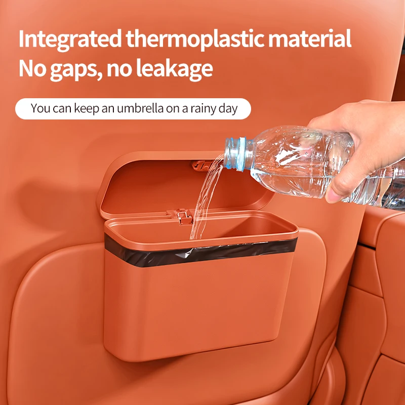 Front and rear seat back-mounted trash can with flip cover for car door, in-car storage and debris collection with trash bag box