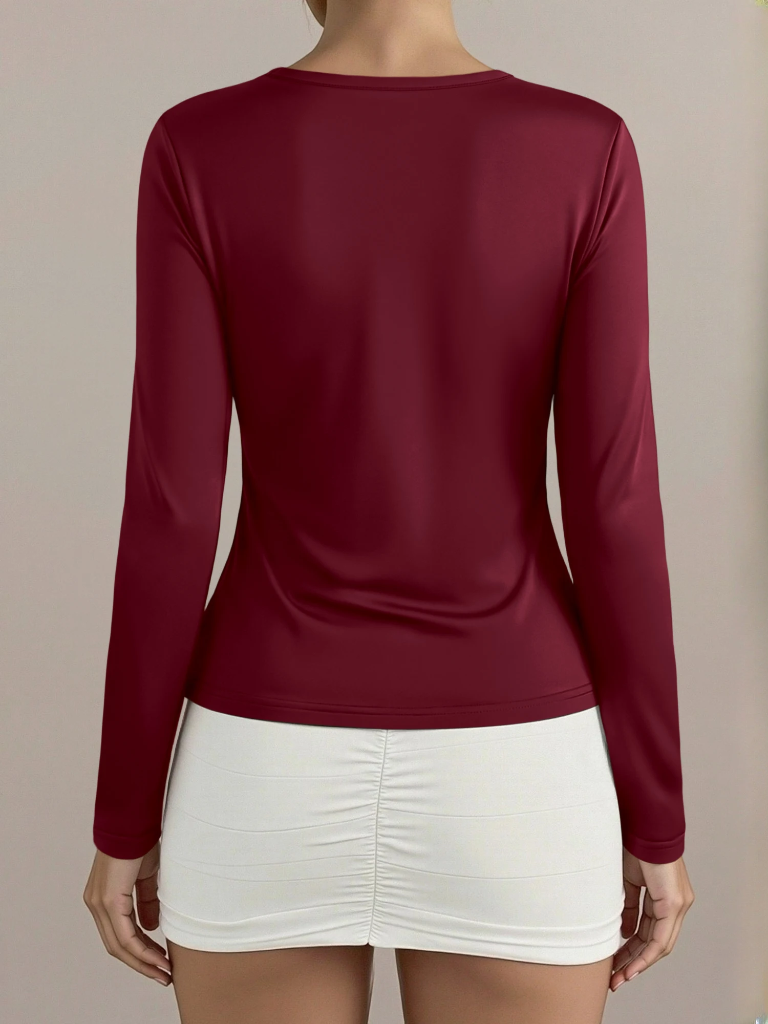 French Chic Low U Neck Slim Long Sleeve Shirts Soft Stretchy Skin-Tight Inner Tops Daily Office Wear Solid Tees view 3