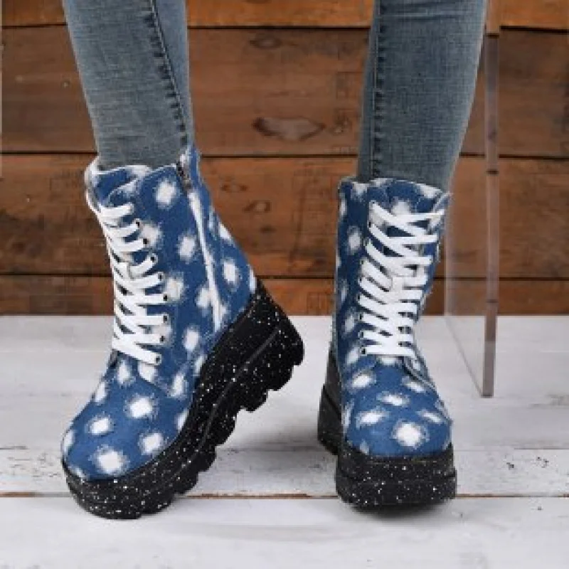 

Canvas Thick-Soled European and American Style Casual Internet Celebrity Thick-Soled Denim Fashion Boots Mid-Calf Boots Women