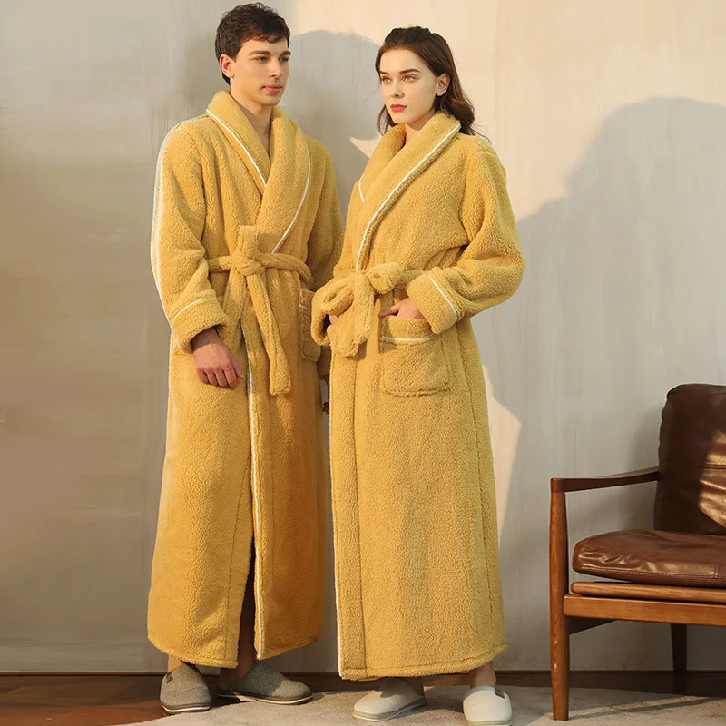 Women Winter Extra Long Warm Flannel Bathrobe Plus Size Thick Coral Fleece Bath Robe Lovers Spa Dressing Gown Men Cozy Sleepwear