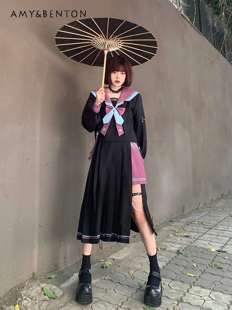 

Spring Summer Japanese Style Embroidery Long Sleeve Top Black High Waist Pleated Skirt JK Uniform Set with Leg Ring Waist Chain