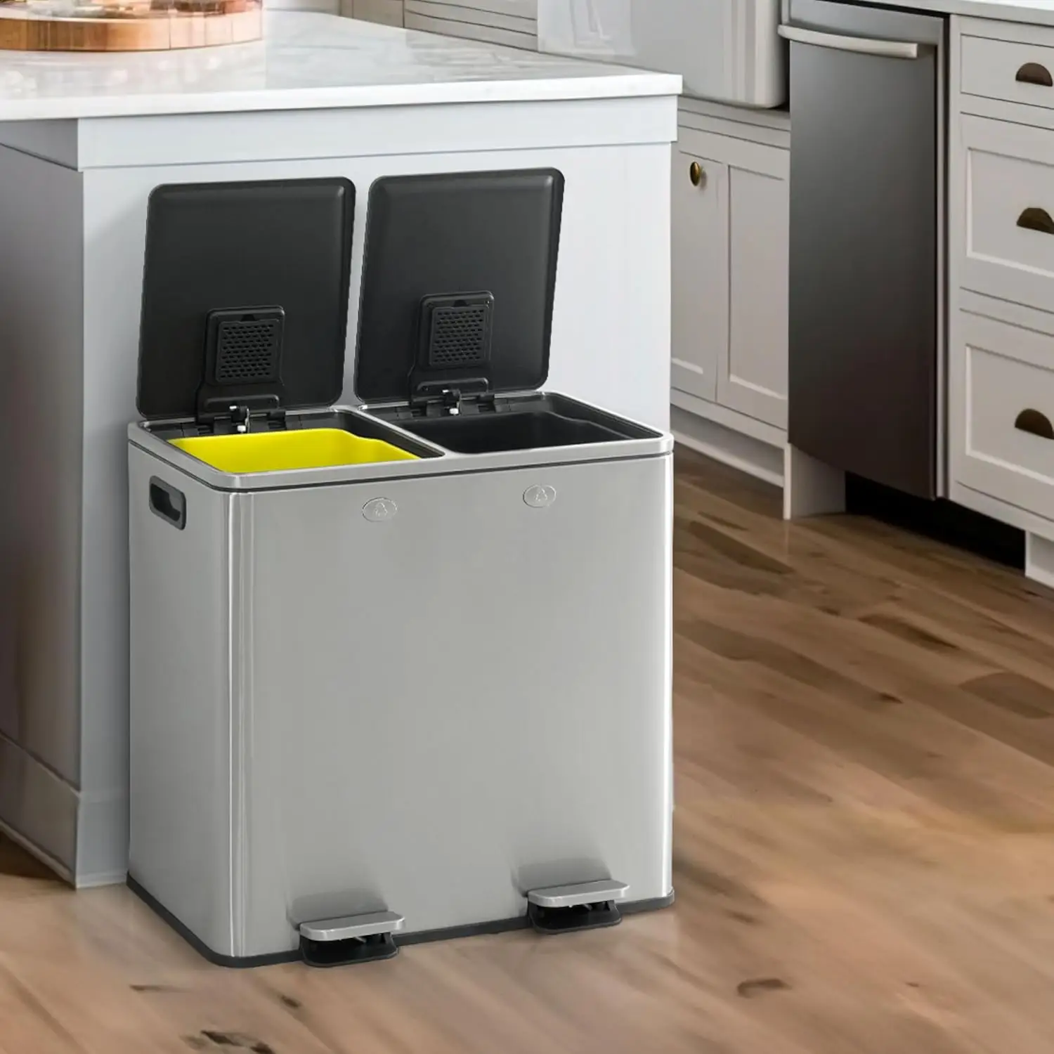 

Dual Compartment Stainless Steel Trash Can 50L Hands-free Hinged Lid Odor Filter Kitchen Office 25L+25L 13.2Gal Custom