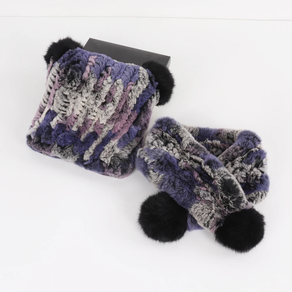

New Arrival Kids Knitted Real Rex Rabbit Fur Scarf Hat Sets Winter Warm Child Natural Fur Scarves Hats Good Elastic Real Fur Set