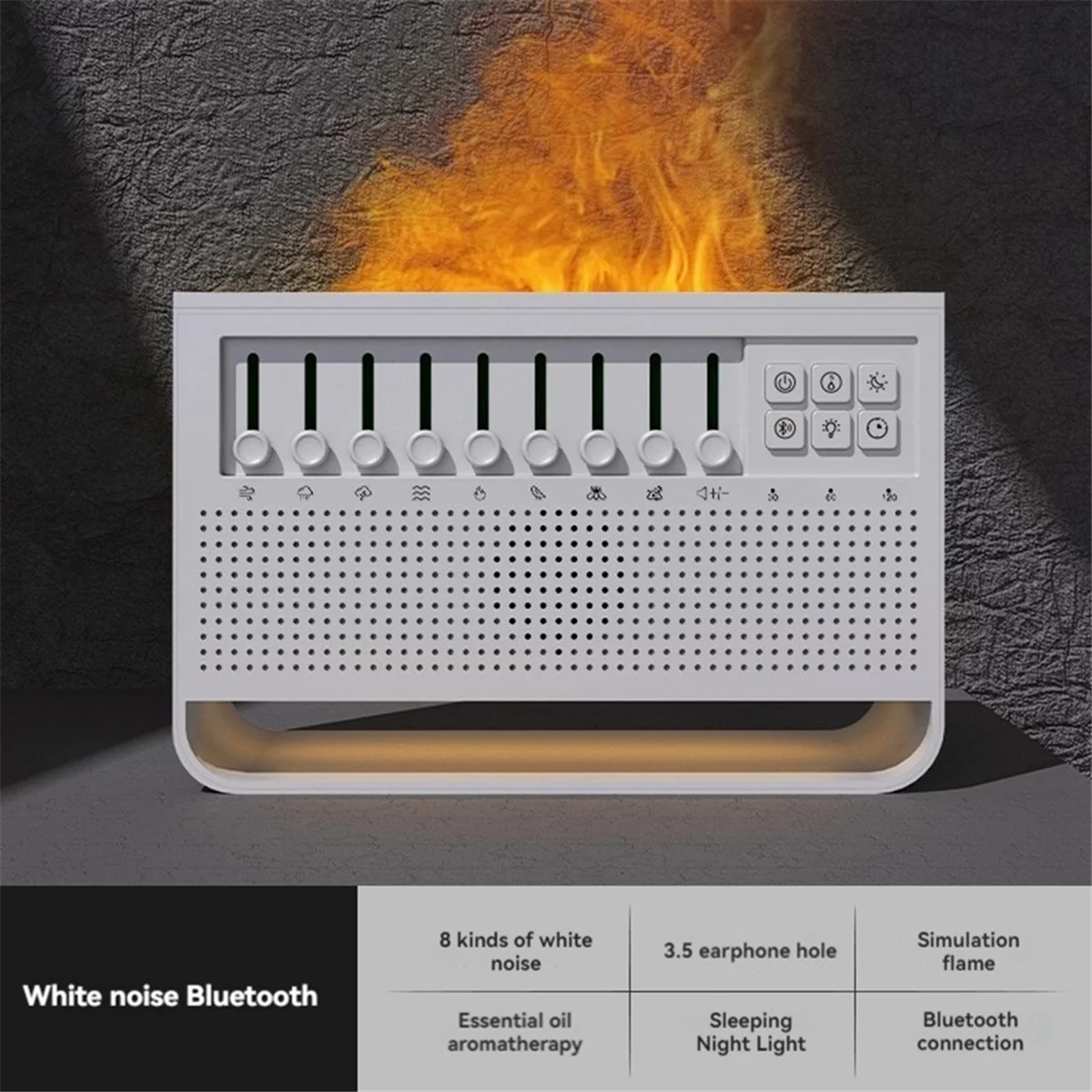 RISEN Altavoz Bluetooth con 8 tipos de ruido blanco Música para dormir 200ml Humidificador de aire de aromaterapia Simulación de llama Luz nocturna
