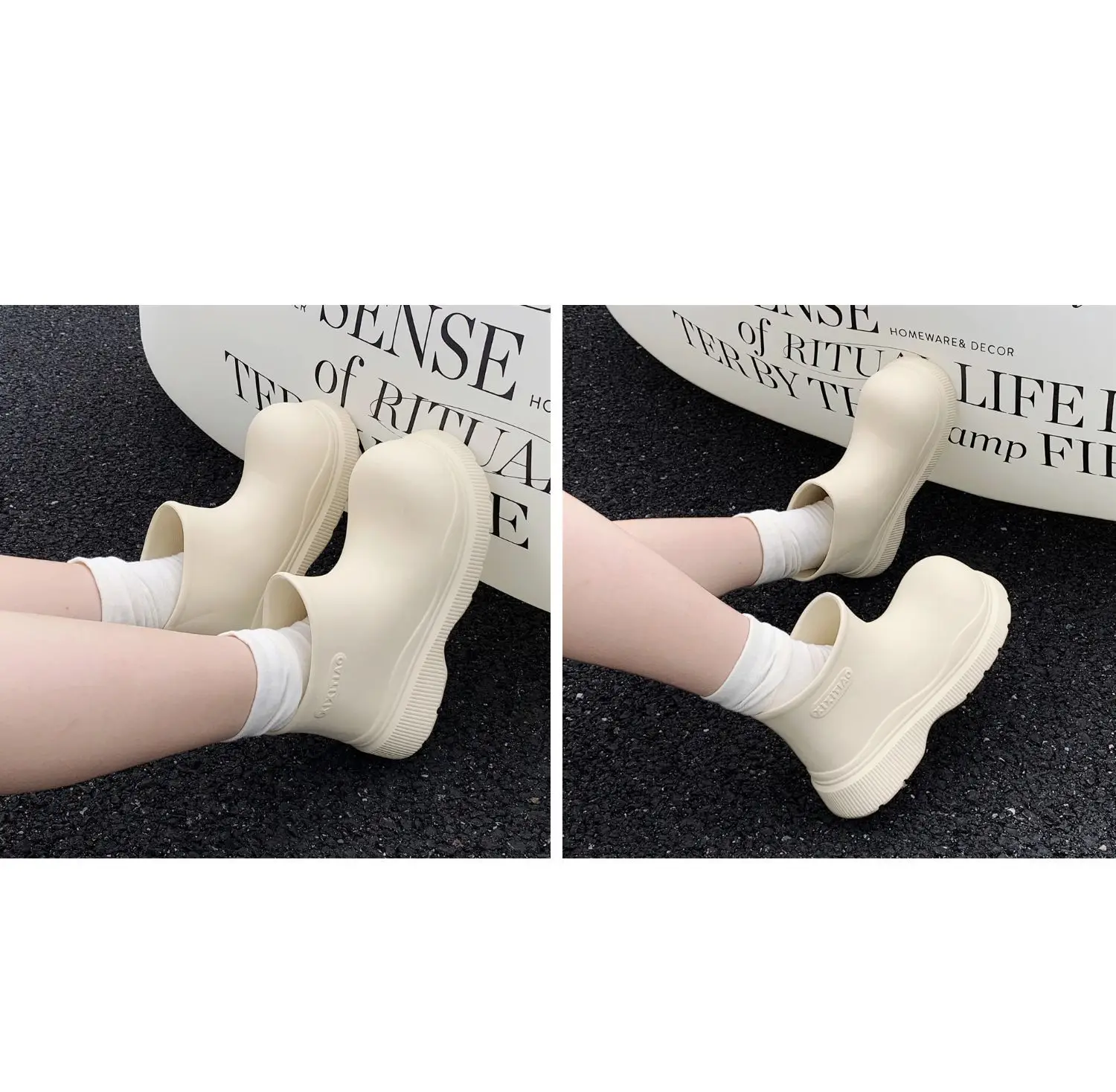 Beige Damen-Galoschen, wasserdichte Knöchel-Regenstiefel, Damen-Korean-Stil, lose Regenstiefel, Wasserschuhe, Damen, neue Regenschuhe mit breiter Zehenpartie – Detail 17