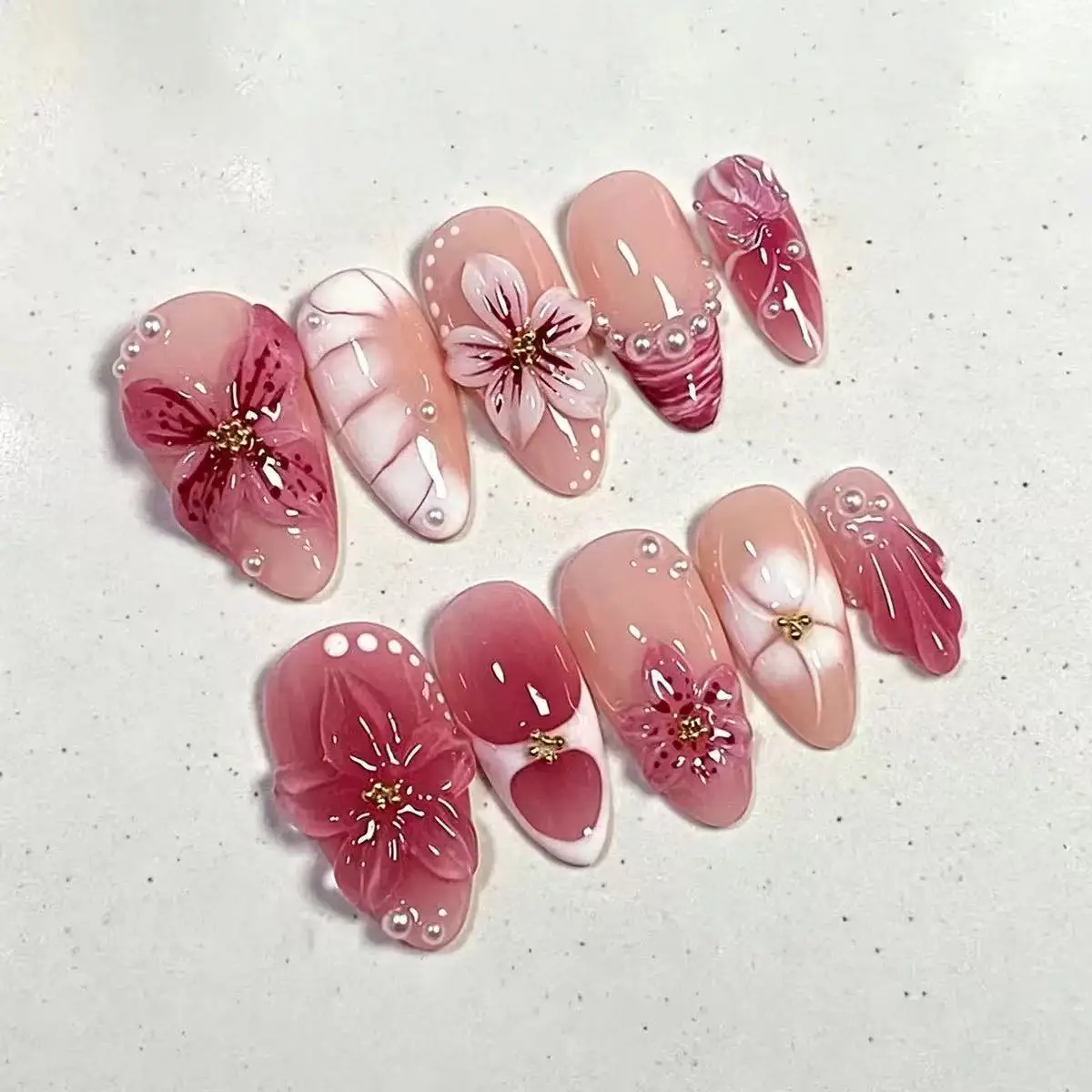 Handmade Summer Cherry Blossom Press On Nails, 3D Embossed Pink Flower Shell Medium Long Almond False Nails