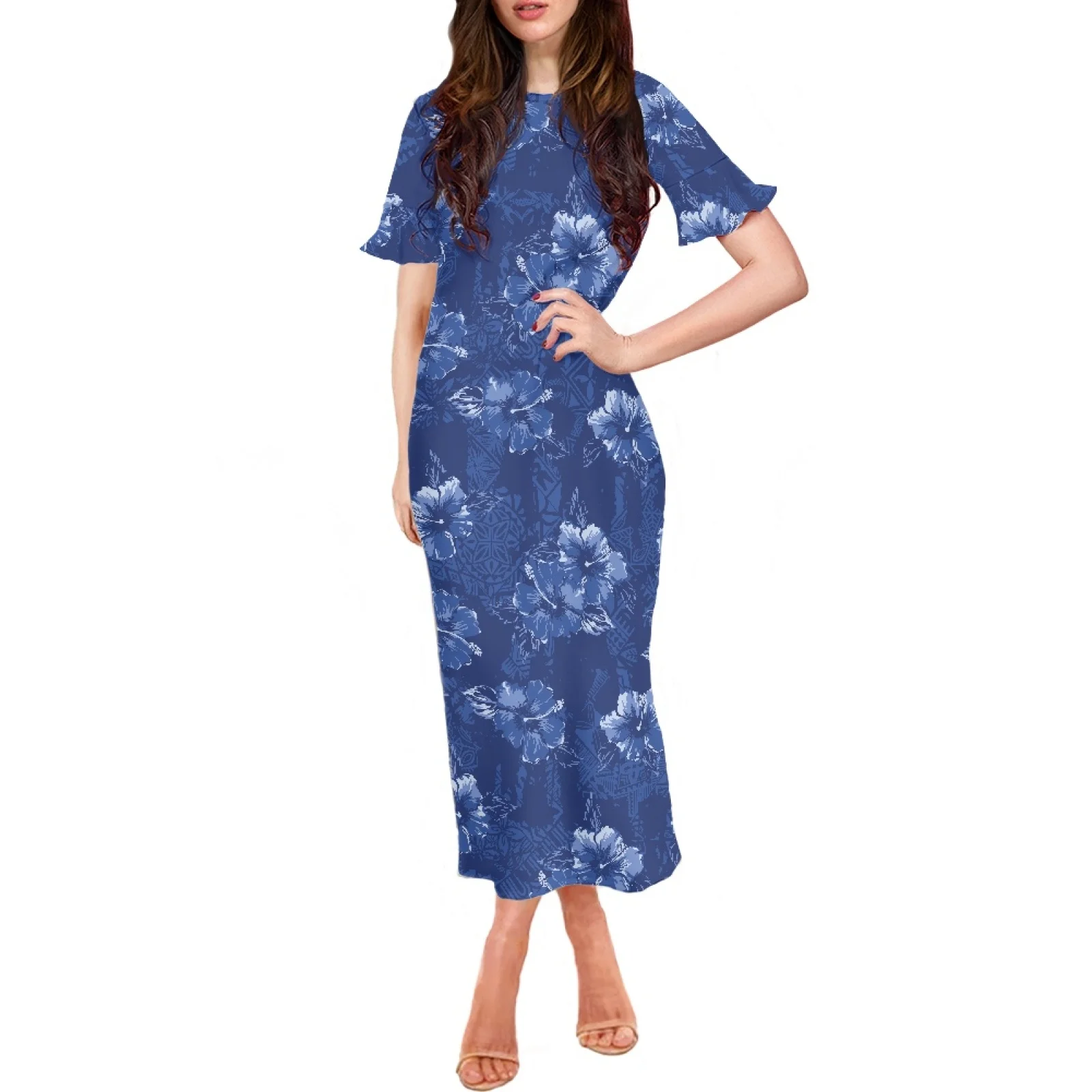 

Chic And Elegant Woman Dress Short Ruffle Sleeve O-Neck Fashion Long Dress Polynesia Tribal Hawaii Summer Hibiscus Print Clothin