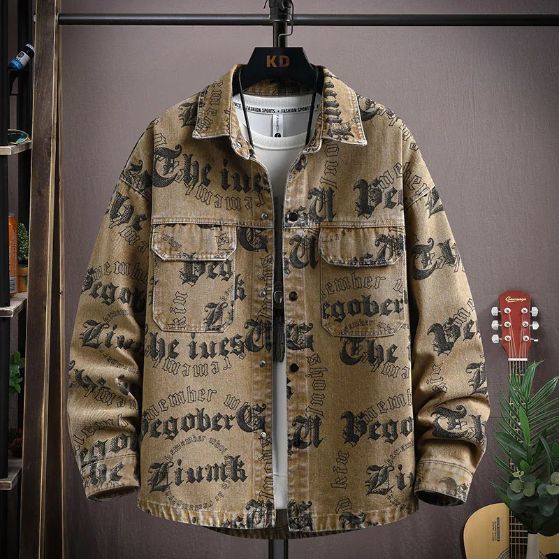 

Spring Autumn Outwear Denim Jacket Men Checkerboard Smudged Tide Cool Print 2024 New Men'S Oversize Coat