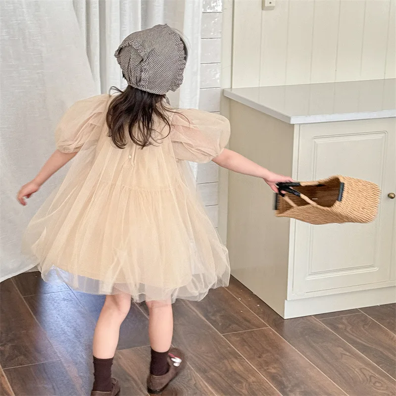 2024 Summer New Children Short Sleeve Dress Cute Baby Girl Solid Ball Gown Toddler Pettiskirt Kids Fashion Princess Gauze Dress