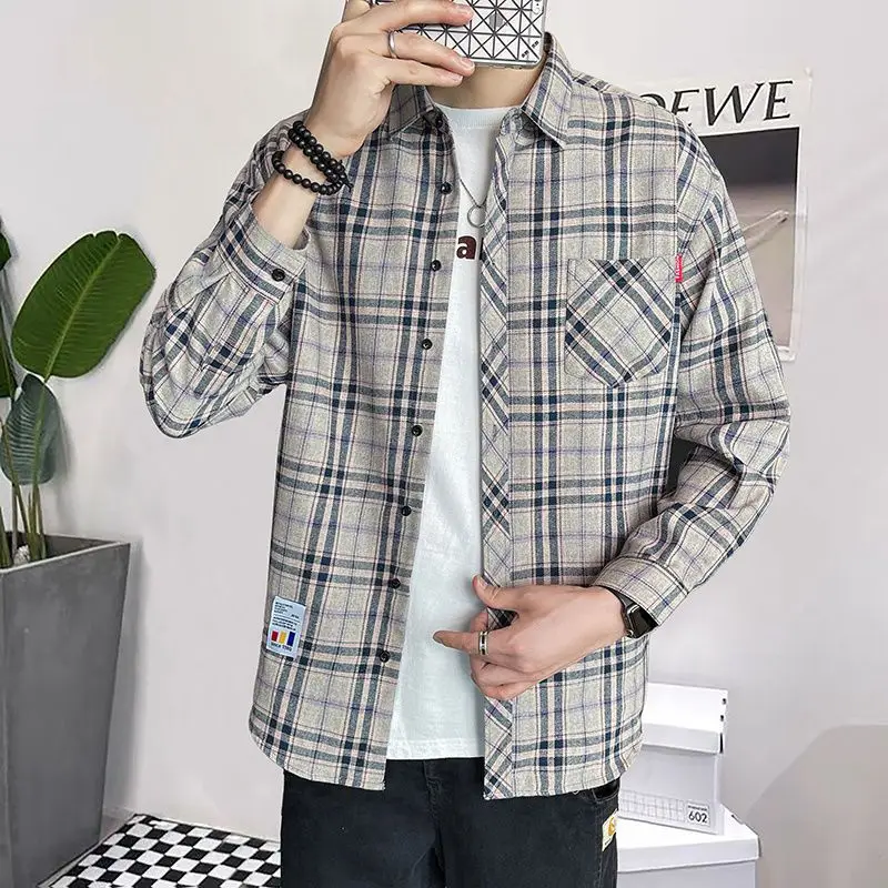 Men\'s Shirt and Blouse Long Sleeve Male Top with Pocket Plaid Cheap Brand Button Original Luxury Social Aesthetic Collar Clothes