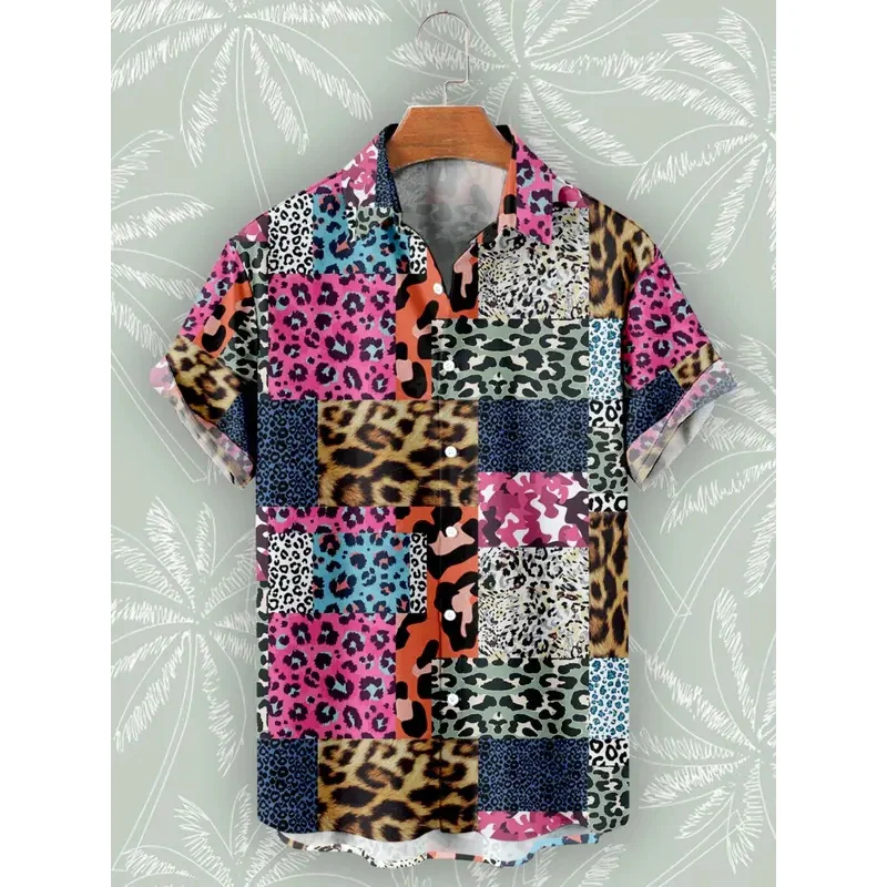 

Гавайская пляжная рубашка в стиле пэчворк с леопардовым принтом, летняя мода 2023, рубашка оверсайз с короткими рукавами в уличном стиле для мужчин, повседневная веревка