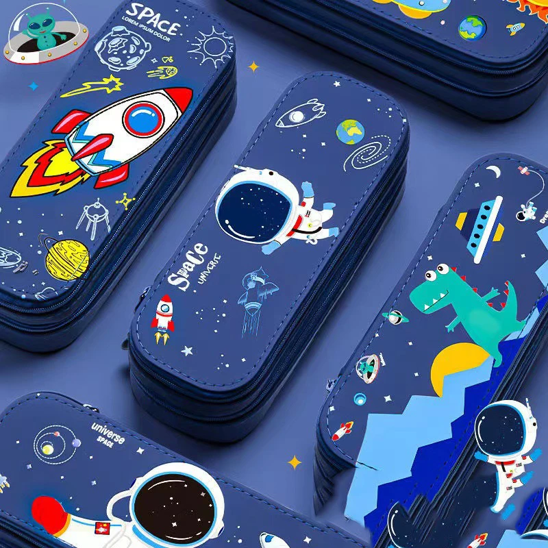 CHEN LIN New Blue Spaceship Boys Pencil Cases Double Layer Stationery Box 3D Space Dinosaur Pen Case for Kids School Supplies