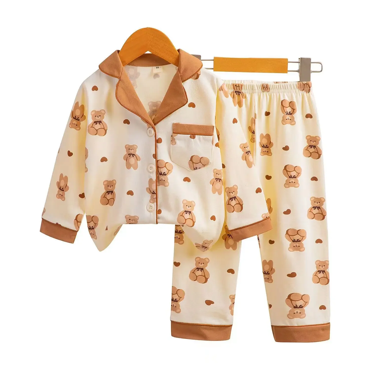 Children's Spring Pajamas Set Cute Cartoon Print Long Sleeve Lapel Soft Sleepwear for Boys Girls Baby Casual Loose Homewear