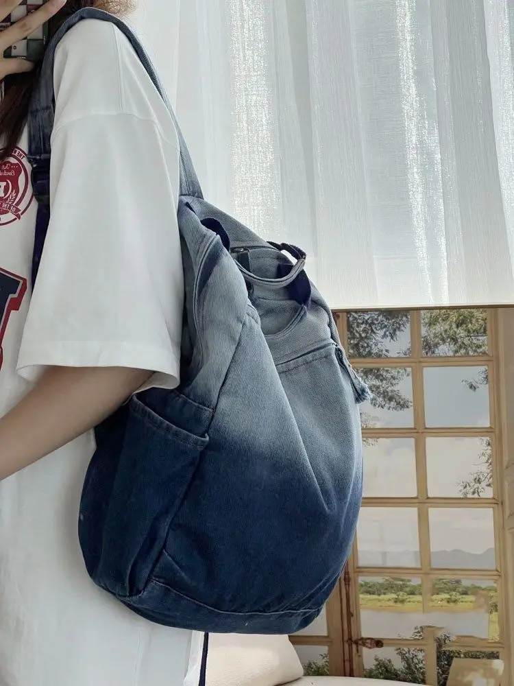 Miyagawa New Niche Korean Version Gradient Washed Denim Backpack Wszechstronne, przenośne plecaki studenckie na co dzień