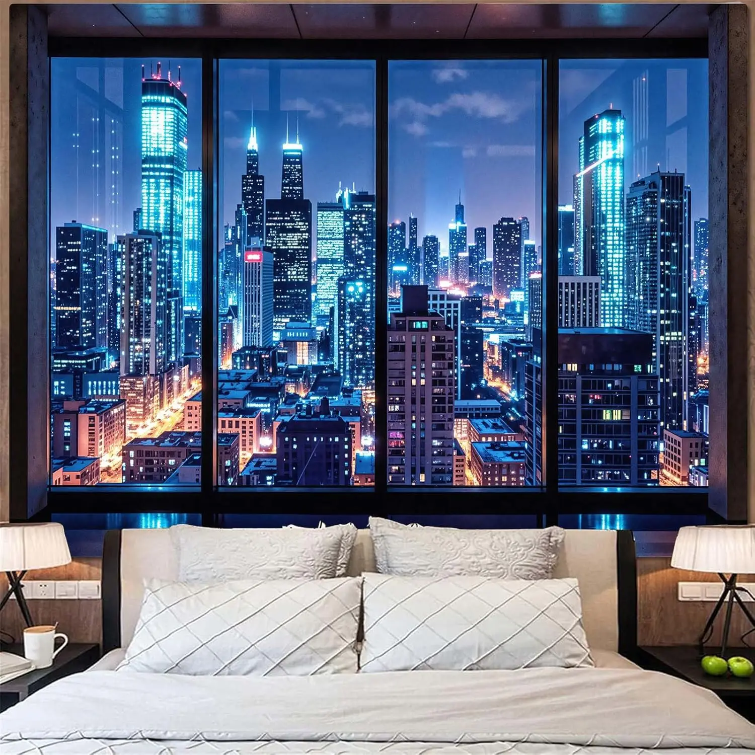 City Night Window Tapestry, Cyberpunk Skyscraper Wall Backdrop, Blue Neon Urban View Mural for Bedroom Living Room Decor