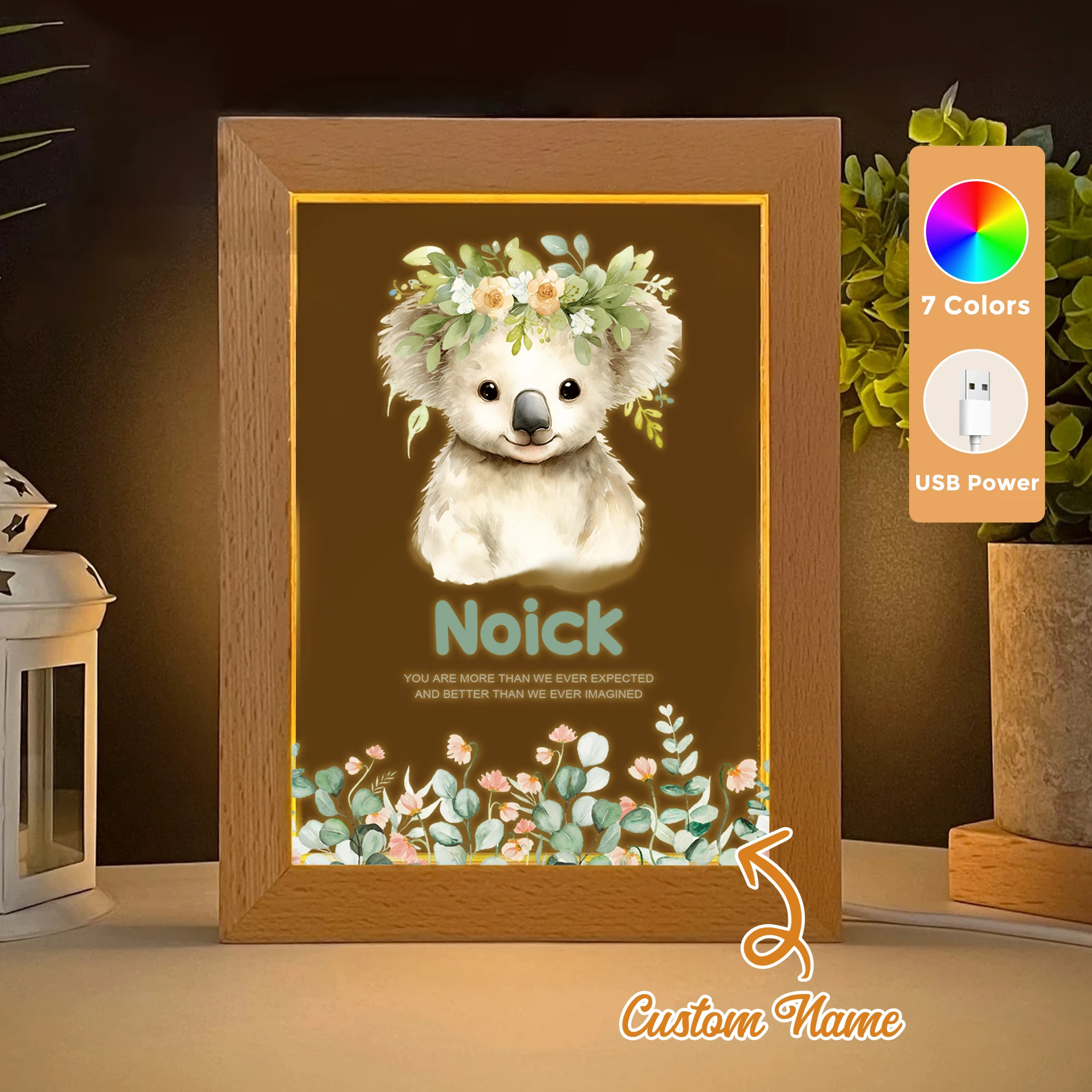 

2D Flat Custom Name Koala With Wreath LED Acrylic Night Light Wood Photo Frame 21x17cm Family Bedroom Gifts Home Decor
