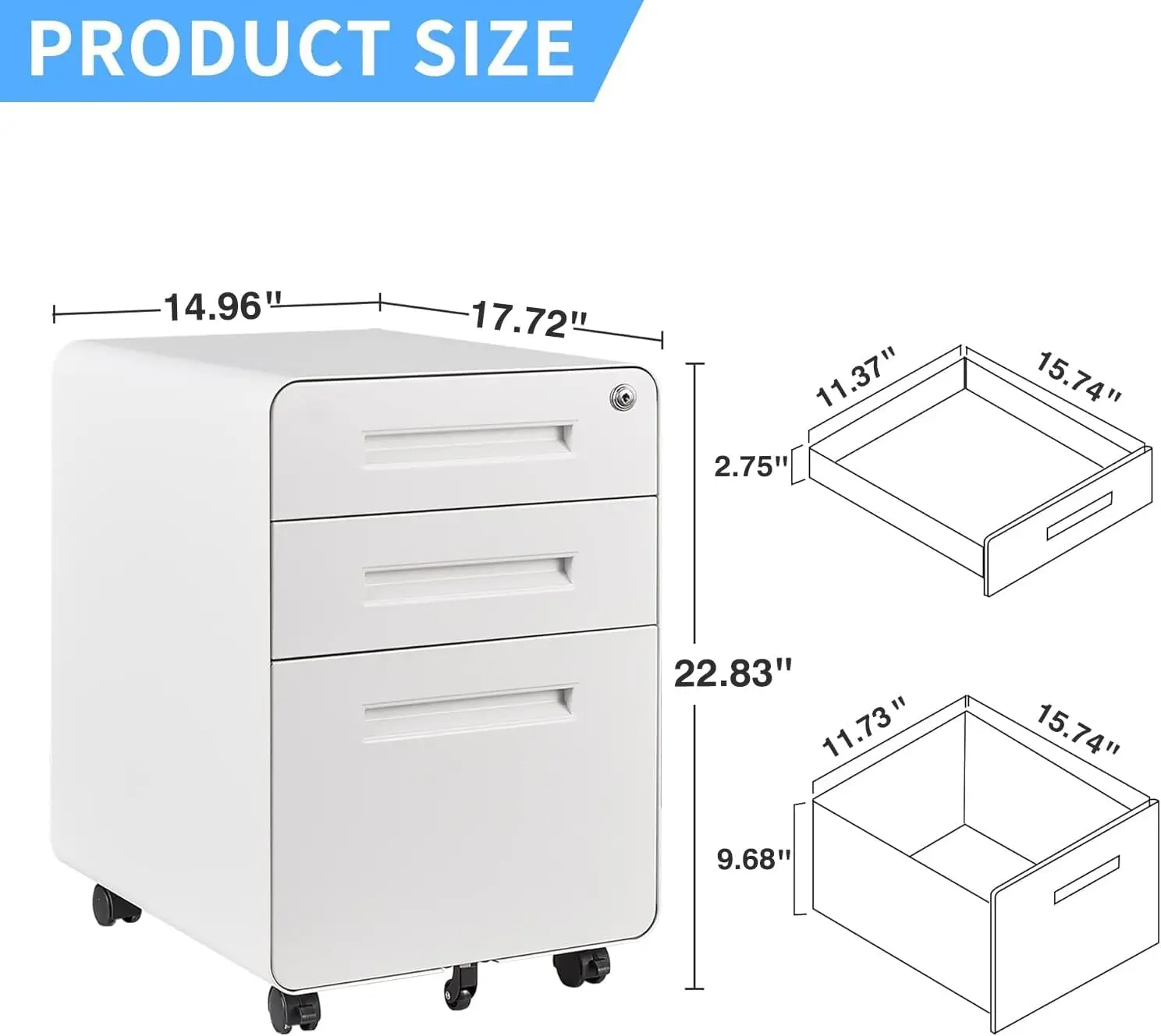 White 3-Drawer Lockable Mobile File Cabinet for Home Office Desk Storage