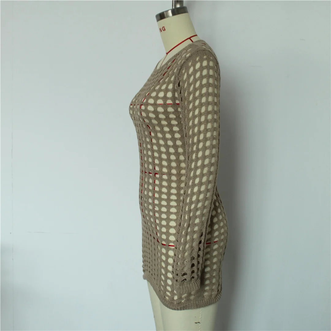 Langarm-Tunika mit Aushöhlungen, einfarbig, gehäkelt, gestrickt, Strandkleid, Strandmode, Damen V8510 – Detail 12