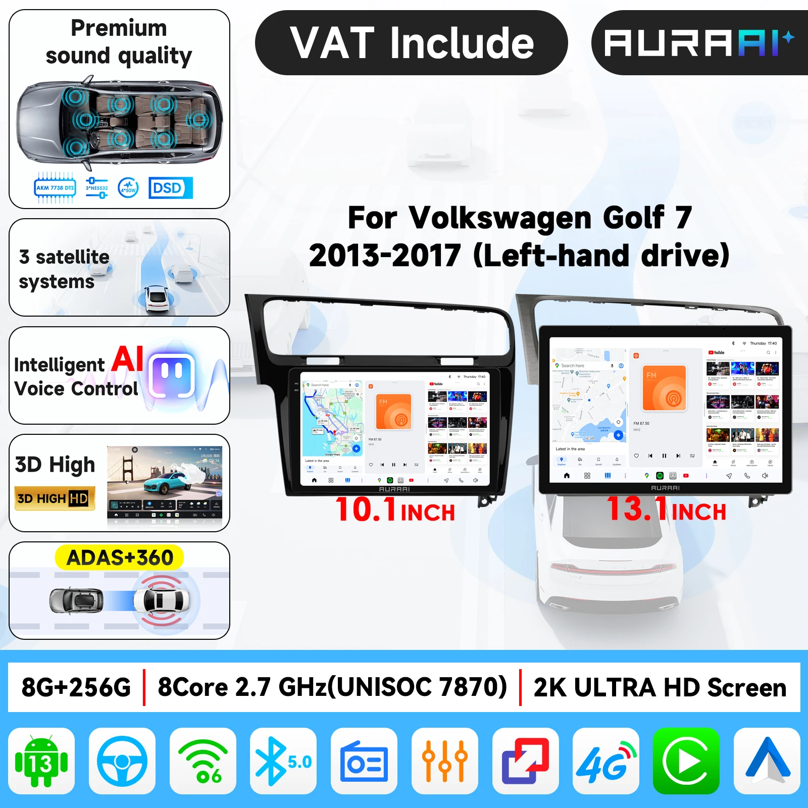 Radio Inteligente para Auto AURA AI con Pantalla, Carplay, Android Auto para Volkswagen Golf 7 2013-2017, Reproductor Multimedia Estéreo, GPS, RDS, DSP