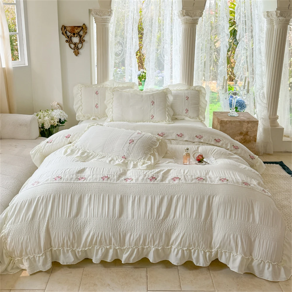 Imagem -04 - Seersucker Cama com Bordado Flor Peça Conjunto com Renda Folha de Cama Plana Fronha Capa de Edredão Têxteis Estilo Coreano