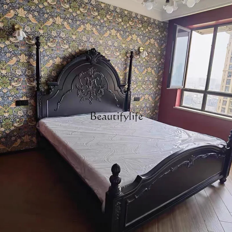 

French retro style solid wood bed European carved high Roman column bedroom furniture American light luxury court double bed