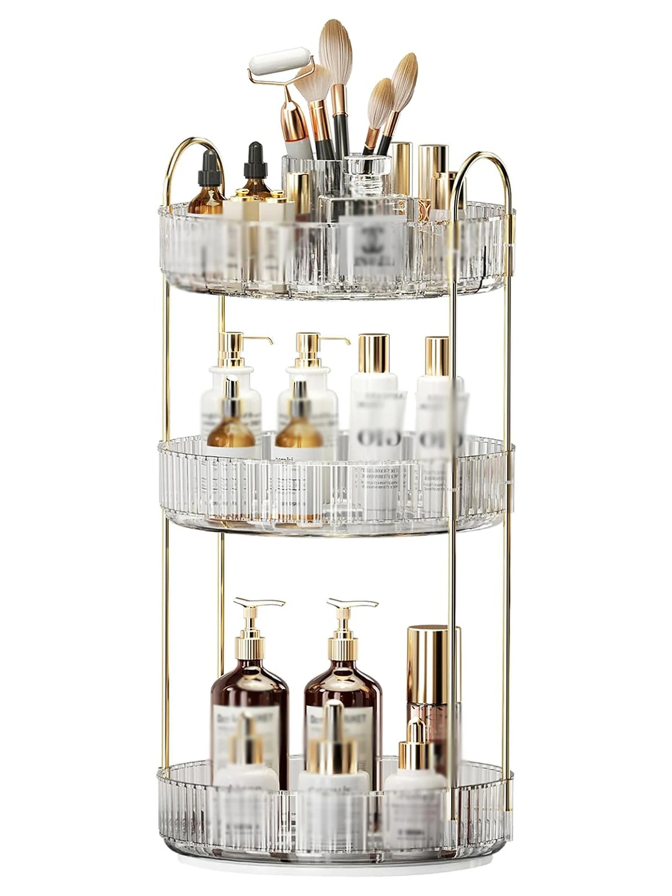 

360° rotating skincare and cosmetic organizer, large capacity storage, suitable for bathroom, vanity, and countertop.