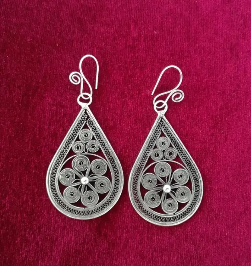 

Traditional ethnic filigree earrings Handmade Miao silver flower copper drum earrings
