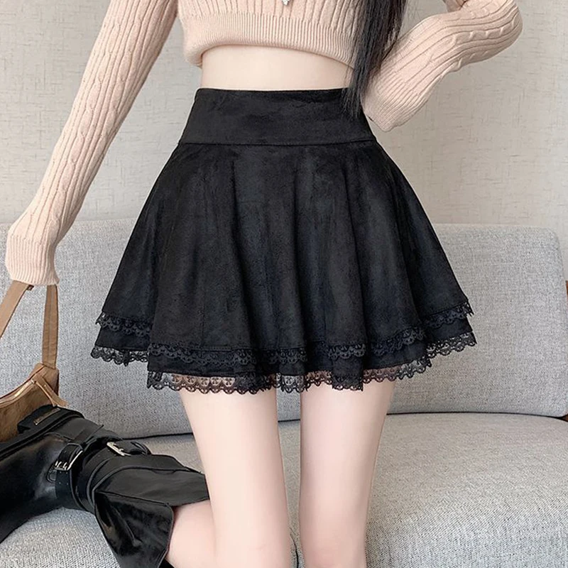 اليابانية لوليتا التنانير تكدرت الدانتيل المرقعة ألف Line تنورة المرأة 2025 ربيع جديد عالية الخصر التخسيس لطيف تنورة صغيرة كولوتيس