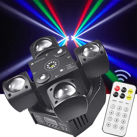 Mini Moving Head Stage Effect Light 4 Arm DMX Sound Control LED RGBW Beam Red Green Laser Strobe 3 in 1 For Disco DJ Party Bars