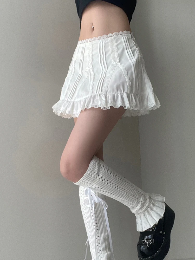 Weekeep y2k Cute A-line Mini Skirt Streetwear Loose Lace Patchwork Solid White Basic Skirts Women Outfits Y2k Aesthetic Clothing