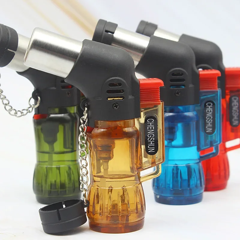 Mini Portable Transparent Oil Tank Flamethrower Windproof Butane Gas Jet Flame Torch Lighter Outdoor Camping BBQ Cigar Lighter