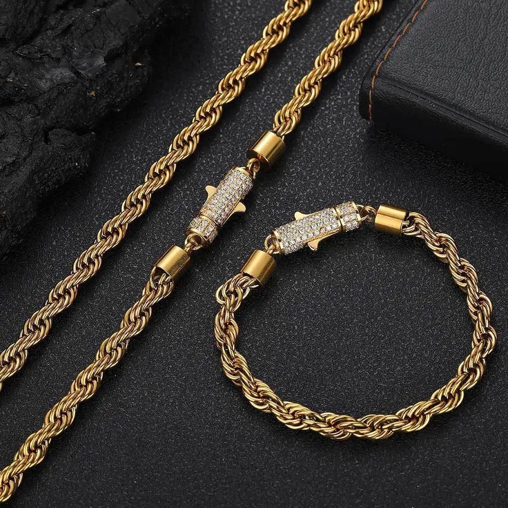 Luxury 24K 9999 Pure Gold real gold European and American diamond buckle 6mm twist chain men's necklace bracelet