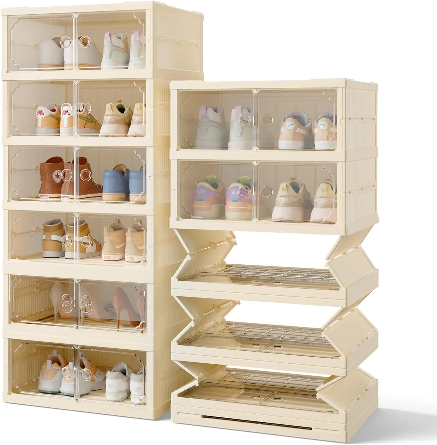 

6 Tiers Foldable Shoe Rack Organizer For Closet 12 Pairs, Shoe Shelf With Magnetic Doors, Collapsible Shoe Storage Organizer