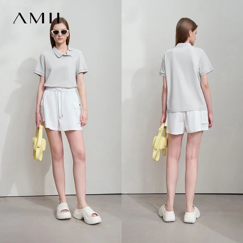 Amii-Camiseta informal minimalista para mujer, POLO recto asimétrico, ajustado, fresco y cómodo, novedad de verano 2025, camisetas deportivas, Tops 12552109