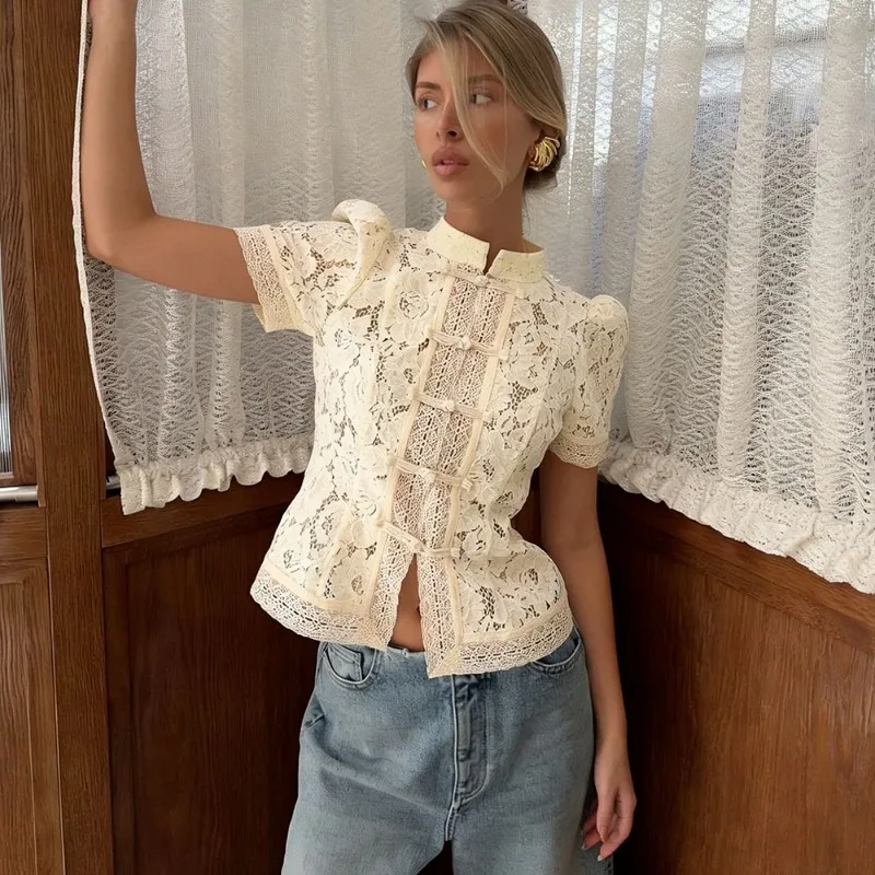 

Talenza Elegant Women's Shirt Summer New Lace Patchwork Short Sleeve Tees Cardigan Fashion Hollow Casual Commuting Women's Tops