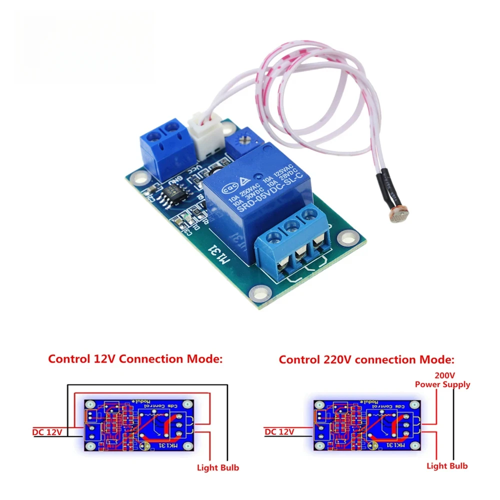 

5 V / 12 V XH-M131 Photoresistor Relay Module Light-Control Switch & Detection Sensor – Raspberry Pi Compatible