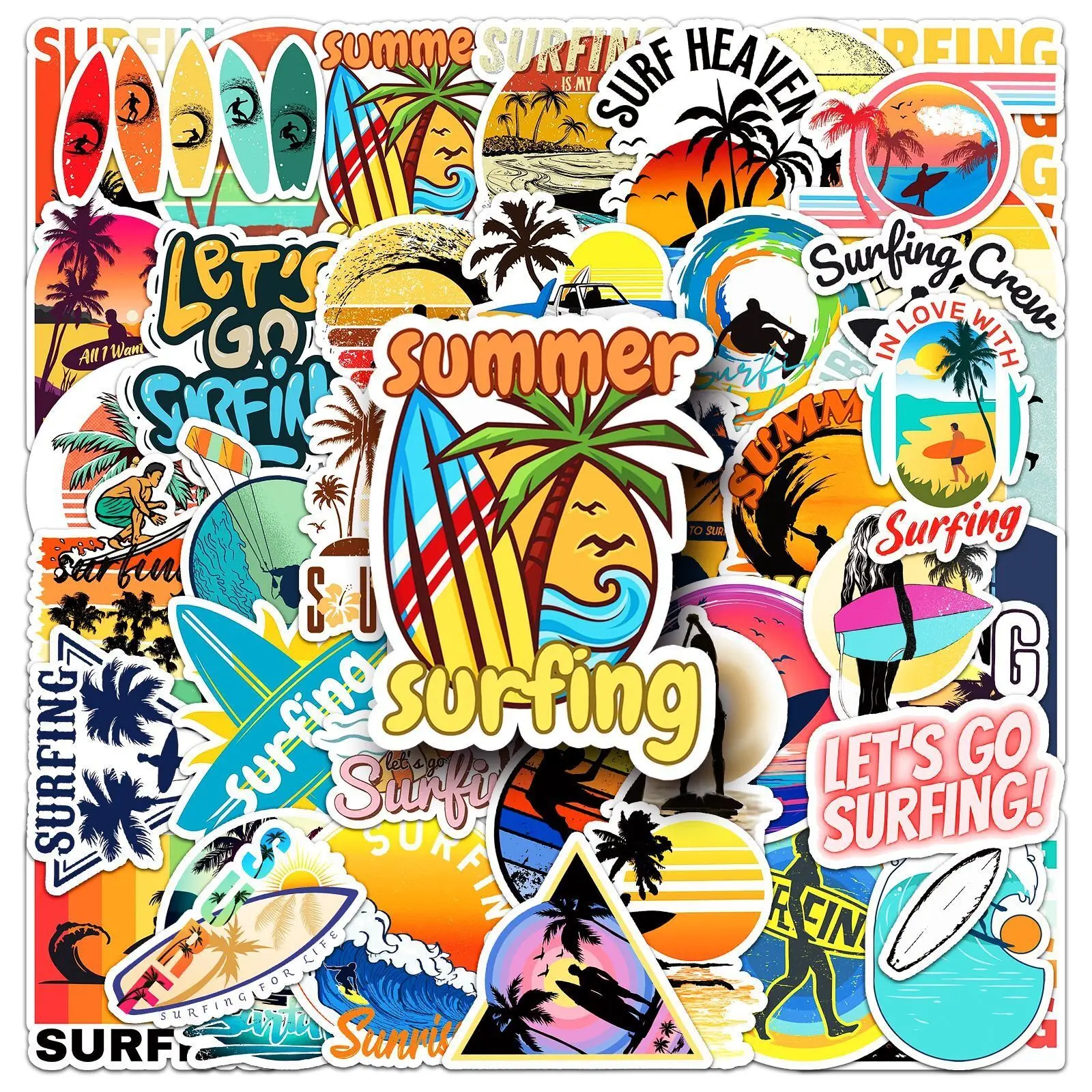 10/50PCS Outdoor Summer Beach Surfing Stickers Waterproof DIY Water Bottle Luggage Surfboard Fridge Car Skateboard Decal Sticker