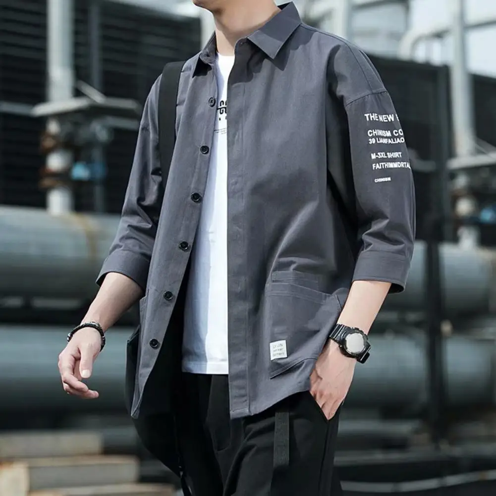 

Men Summer Loose Shirt Men's Japanese Style Casual Cargo Shirt Coat with Three Quarter Sleeves Soft Breathable Fabric