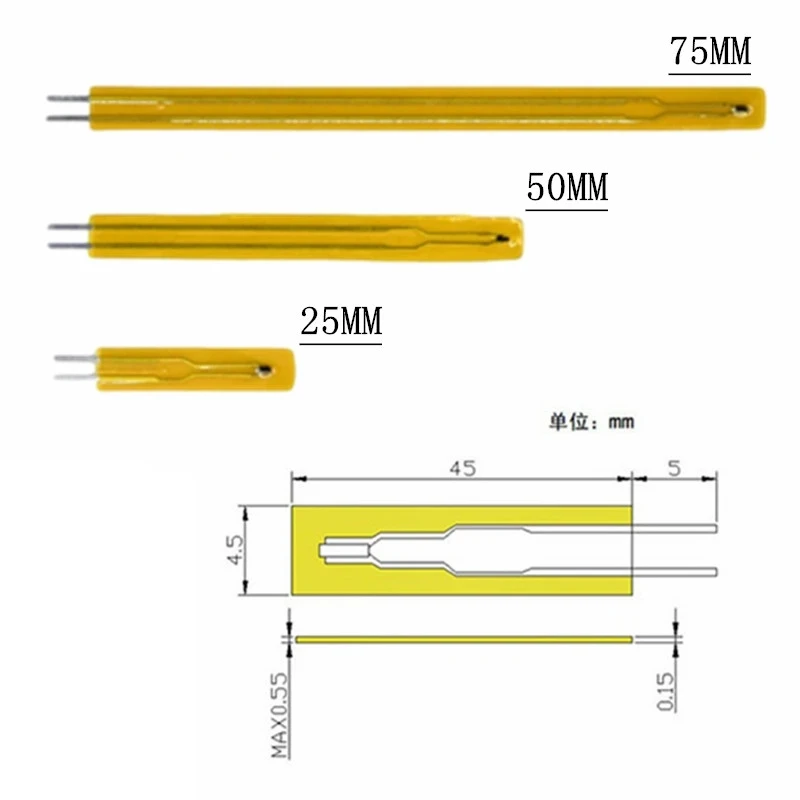 Termistor do filme do NTC-MF55, precisão do NTC-10K3950, resistor ultra-fino da forma de 1%, 50K, 100K, L25, 50, 75mm, 10 PCes