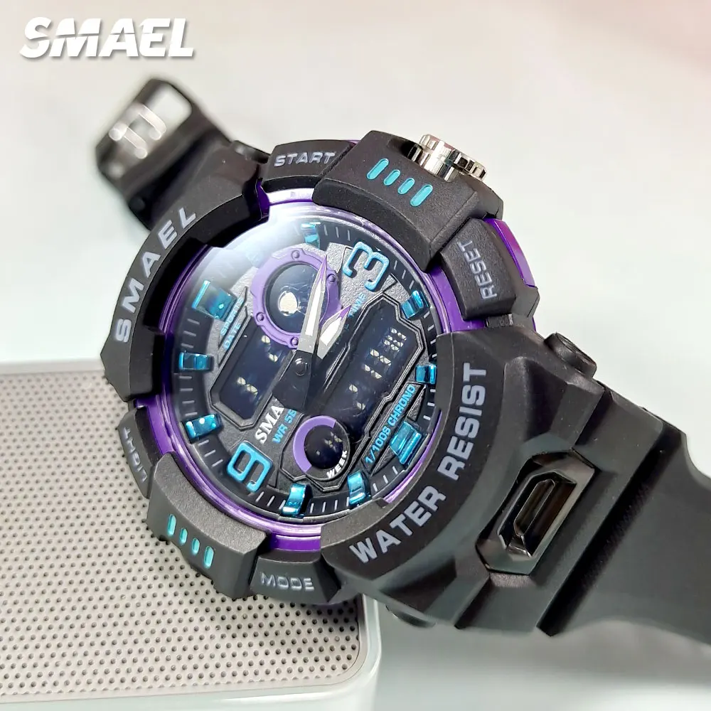 SMAEL Black Purple Digital Watches for Men Fashion Dual Time Display Chronograph Quartz Military Sport Wristwatch with Date 8063