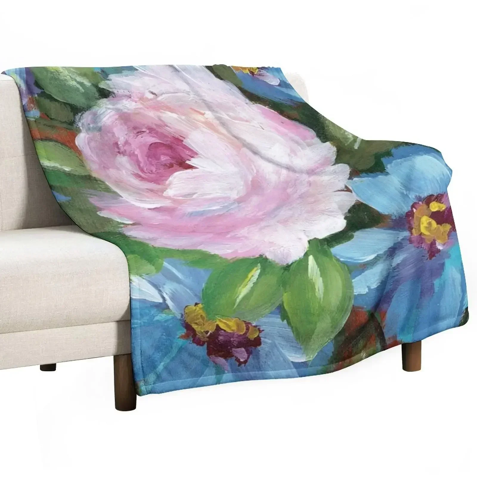 Single Pink Rose Surrounded by Blue Flowers Throw Blanket Bed linens Beautifuls Blankets Sofas Of Decoration Blankets