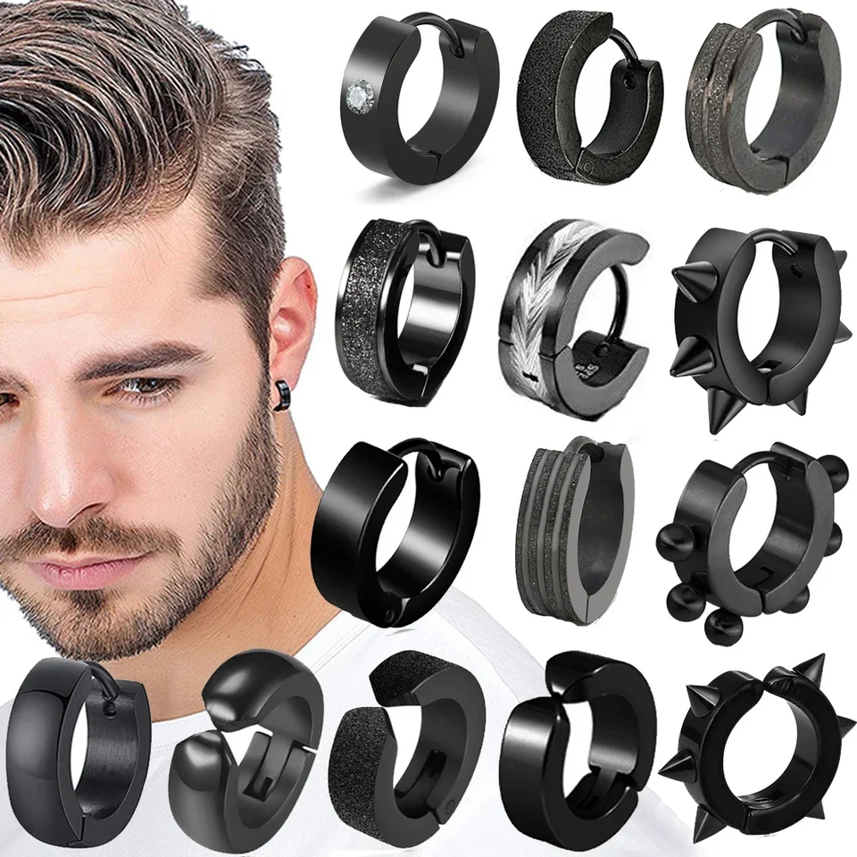 Gran Volumen de Ventas: 1 Par de Pendientes de Clip/Pendientes de Acero de Titanio Estilo Punk para Hombre y Mujer, Negros, con o sin Perforación, Aros Falsos, Nueva Joyería Pop