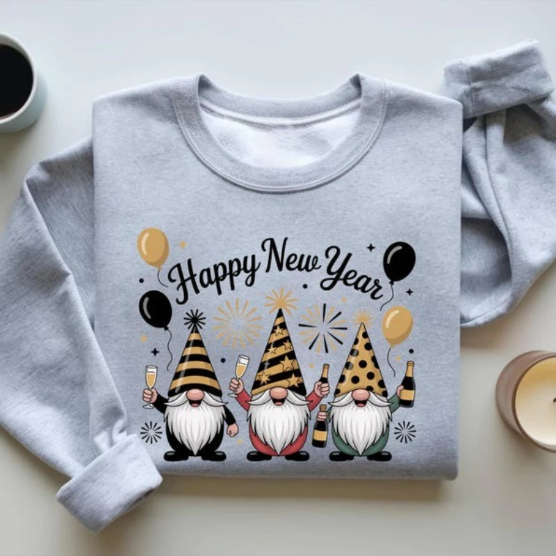 เสื้อสเวตเชิ้ตปีใหม่ลายโนมส์ งานปาร์ตี้ ฉลองวันหยุด เสื้อพูลโอเวอร์ลายโนมส์ตลก แชมเปญ แฟชั่นสตรีทแวร์ เสื้อสเวตเชิ้ตผู้หญิง