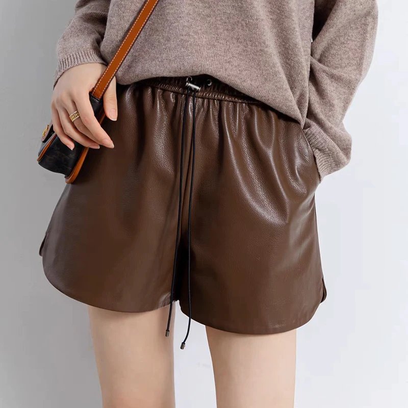 Fashion Goatskin Shorts For Women Italian Fashion Wide Leg Slim Drawstring Genuine Leather Pants Mujer Brown Pantalones Cortos
