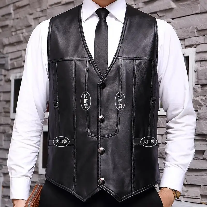 Cowhide Genuine Leather Vest Waistcoat Male clothing Jacket Thick Motorcycle Multi Pocket leather biker Men safety vest JJ134 view 6