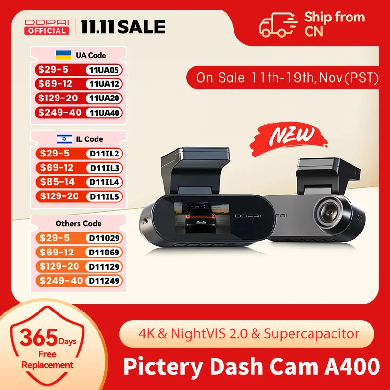 

DDPAI A400 Video Recorder 4K Car Dash Cam ADAS Car Dvr Recorder Support 24H Parking Monitor Mode Night Vision WIFI APP Dashcam