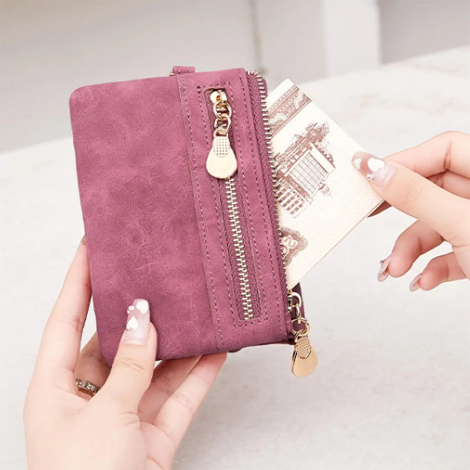 Retro Multifunctional PU Leather Women Short Wallets Multi Functional Multi Card Slots Wallet Solid Color Zipper Purses