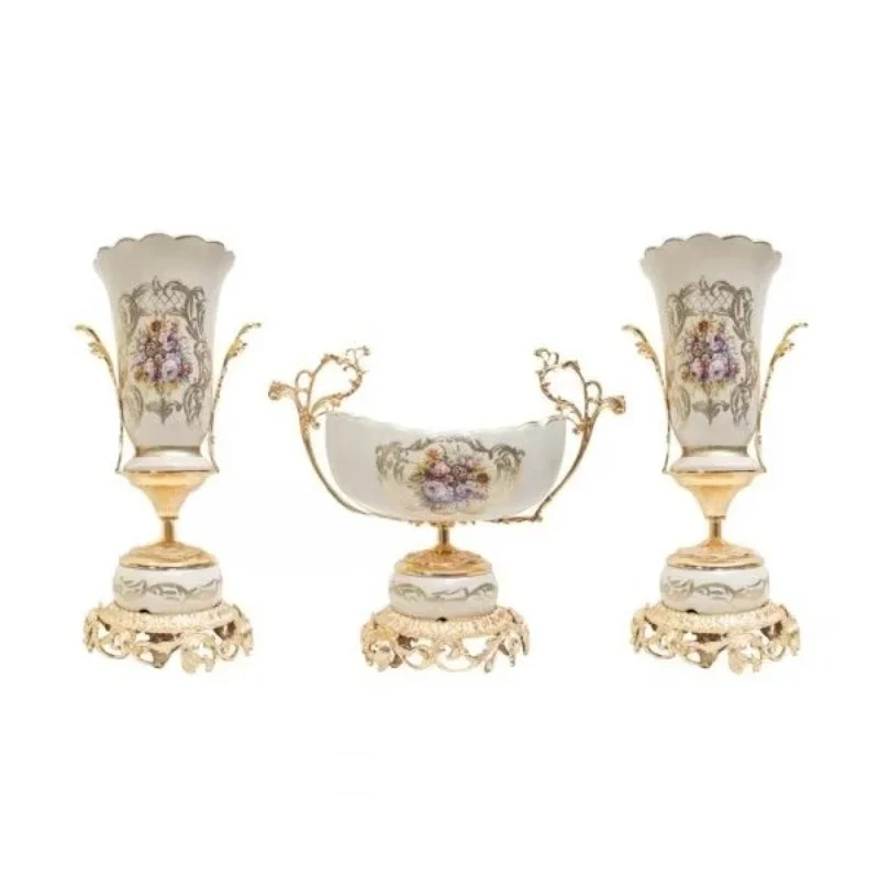 Gold Solid Brass Porcelain Deluxe Set Double Vase with Floral Center Bowl